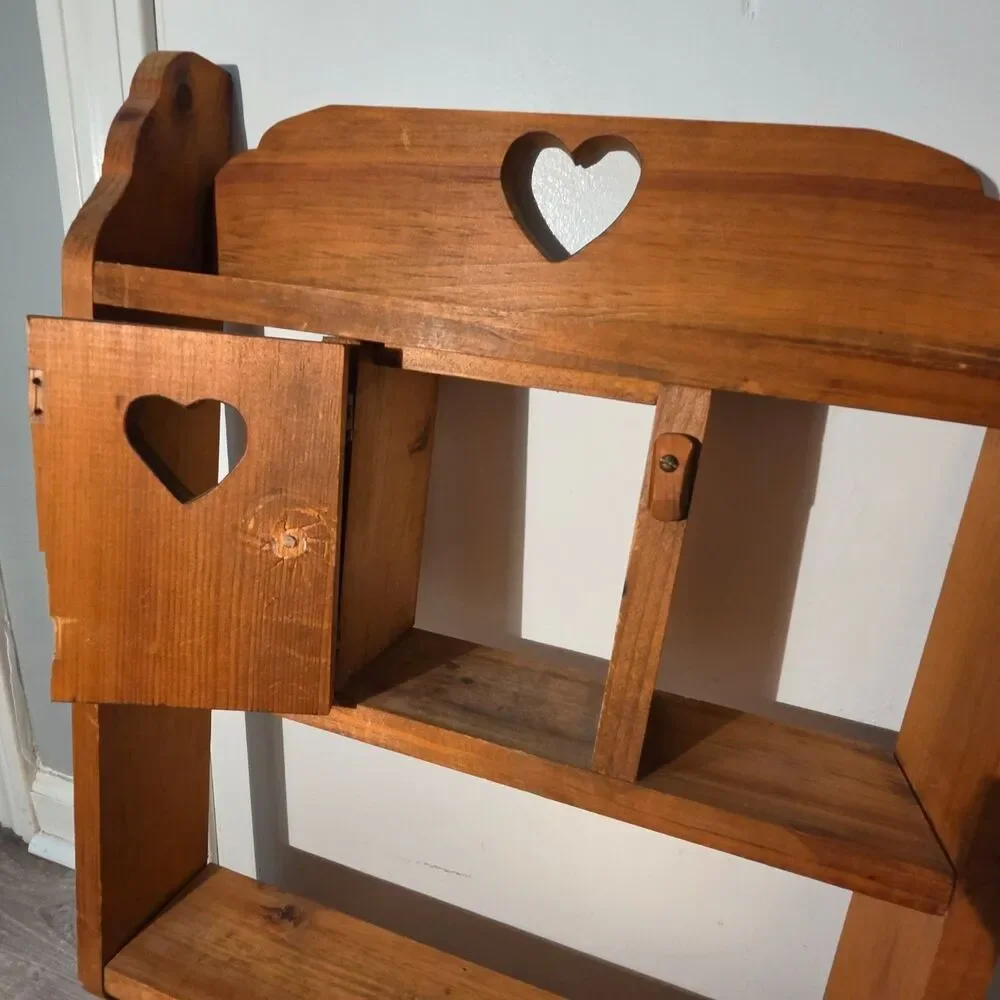 Vtg 1980s Pine Wood Heart Shelf Cabinet Peg Rail Country Farmhouse Cottagecore